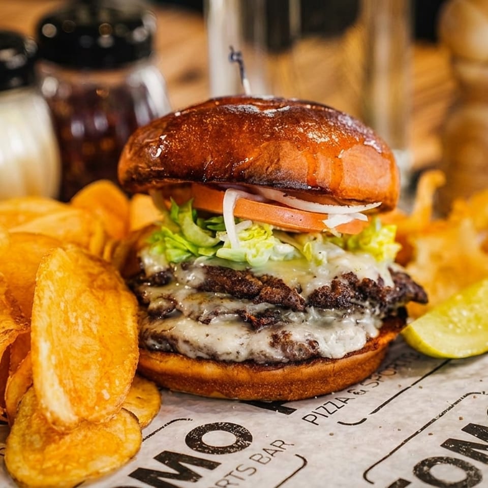 A double cheeseburger with lettuce, tomato, and onion, served with potato chips and a pickle.