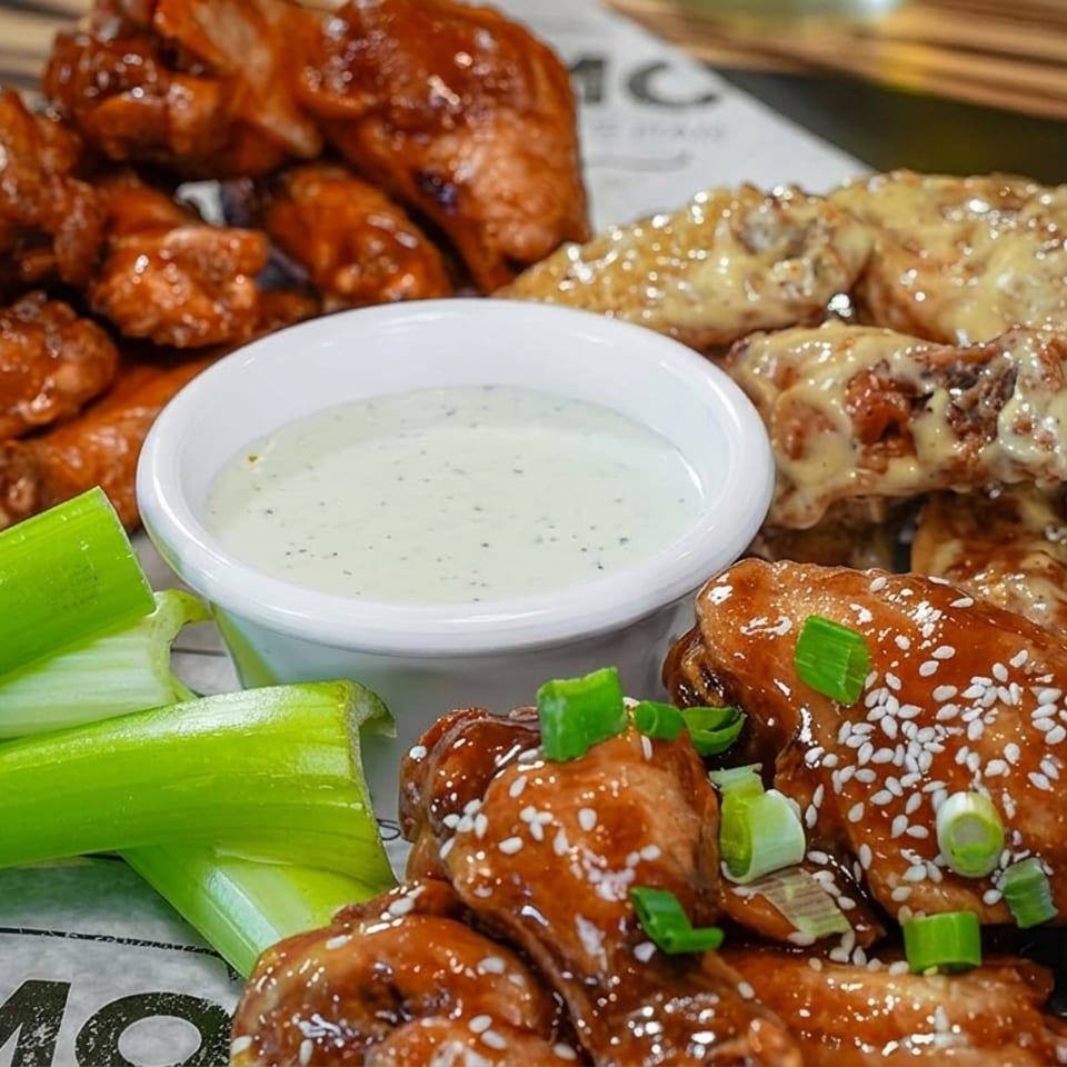 Three varieties of chicken wings, celery sticks, and a cup of ranch dressing on branded paper.