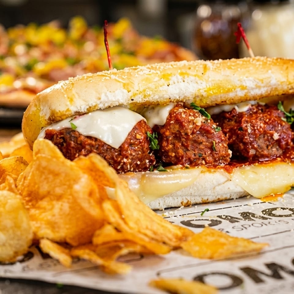 A meatball sub with melted cheese and a side of potato chips, with a pizza in the background.